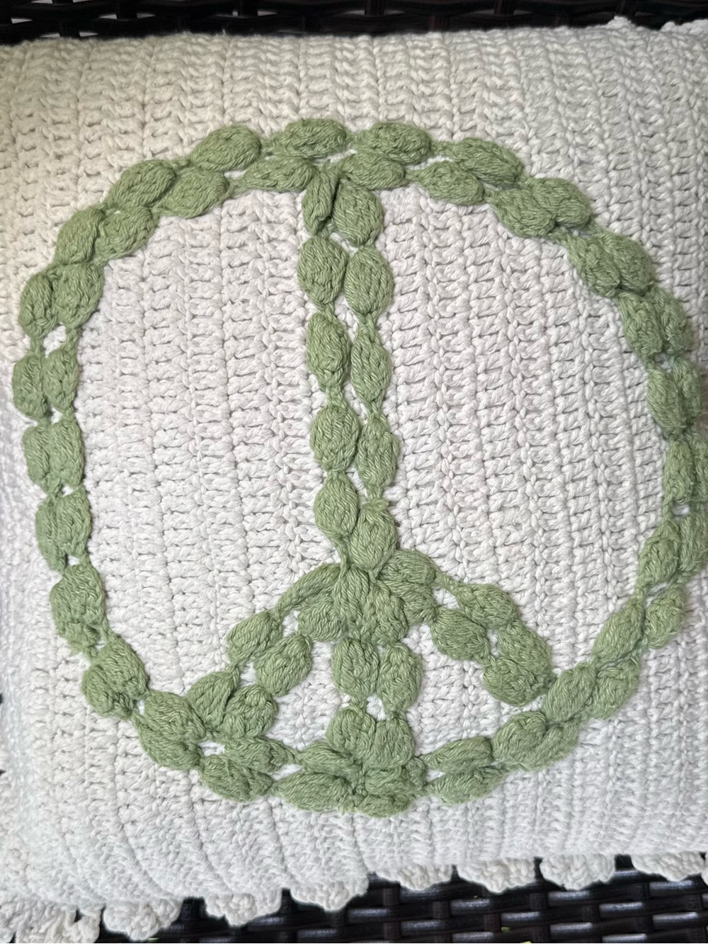 London Kaye Handmade Crocheted Peace Sign Pillow - Green on Cream